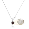 Silver square Nano Bible necklace featuring the full Hebrew Tanakh etched on a 5mm chip, suspended on an 18" box chain. Unique Jewish jewelry gift for her, symbolizing faith and tradition.