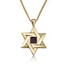 Zoomed-in view of the Sacred Fusion Star of David pendant in gold-plated sterling silver, featuring a central nanochip with the complete Hebrew Tanakh. A symbolic Jewish necklace blending tradition and technology.