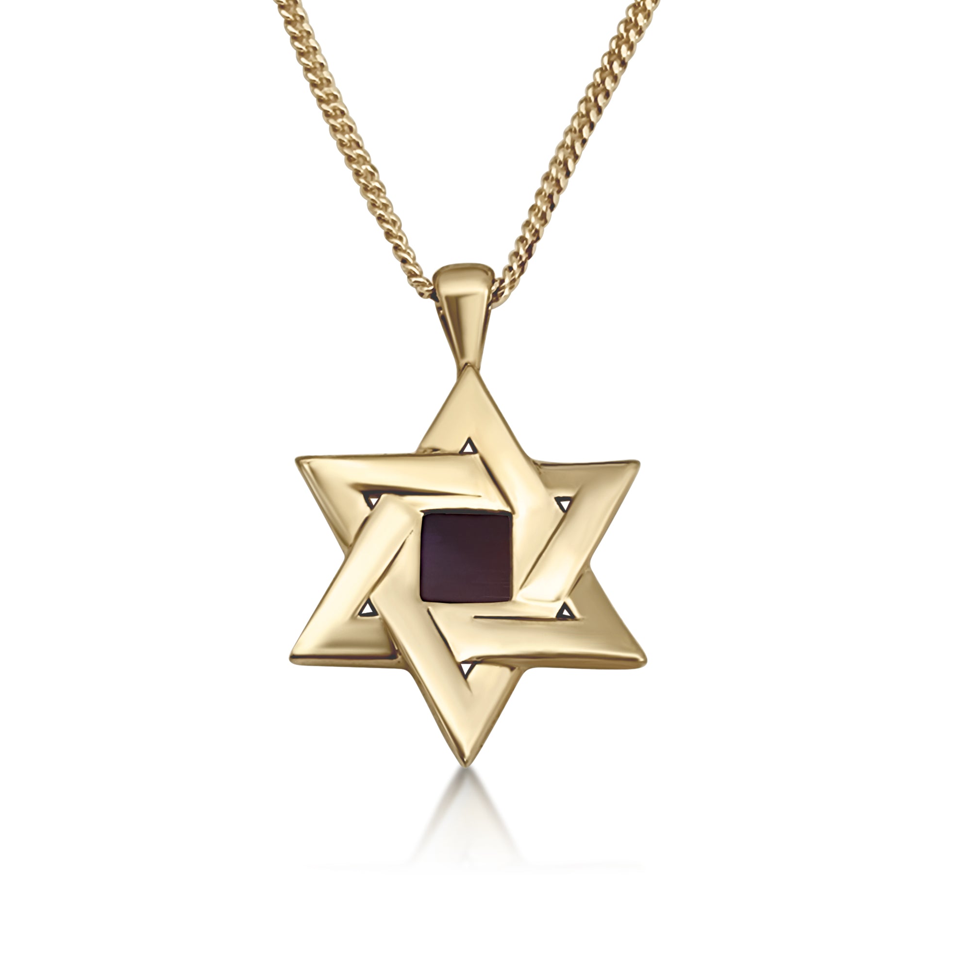 Zoomed-in view of the Sacred Fusion Star of David pendant in gold-plated sterling silver, featuring a central nanochip with the complete Hebrew Tanakh. A symbolic Jewish necklace blending tradition and technology.
