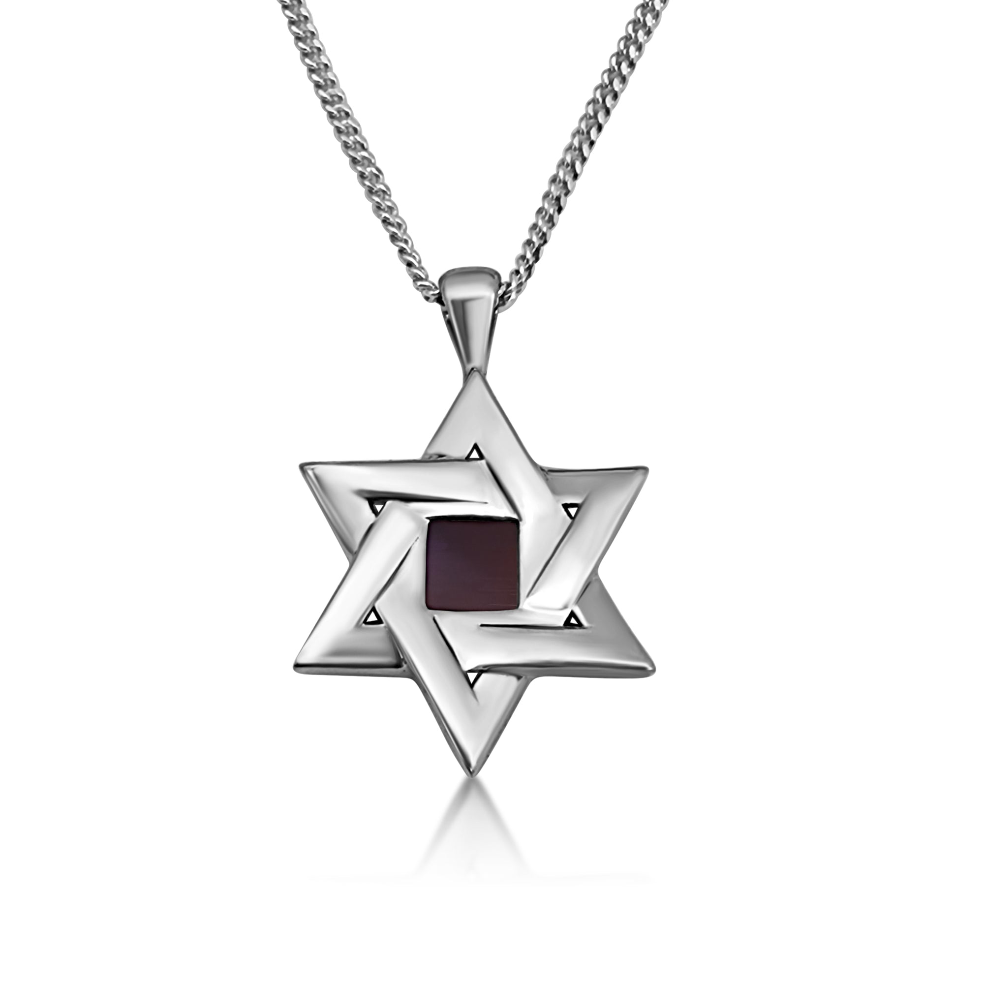Detailed close-up of the Sacred Fusion pendant in polished 925 sterling silver. At the center lies a 5mm silicon chip inscribed with the Hebrew Tanakh. A stunning fusion of faith and modern craftsmanship.