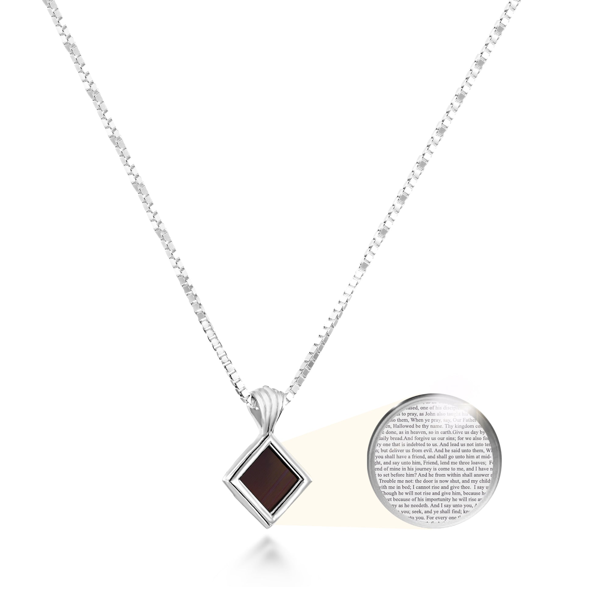 Sterling silver Nano Bible necklace with elegant box chain and rhombus pendant containing the entire KJV New Testament on a microchip. The chip is only readable using an electron microscope. A beautiful Christian jewelry gift for a woman of faith, ideal for birthdays, spiritual milestones, or best friends.