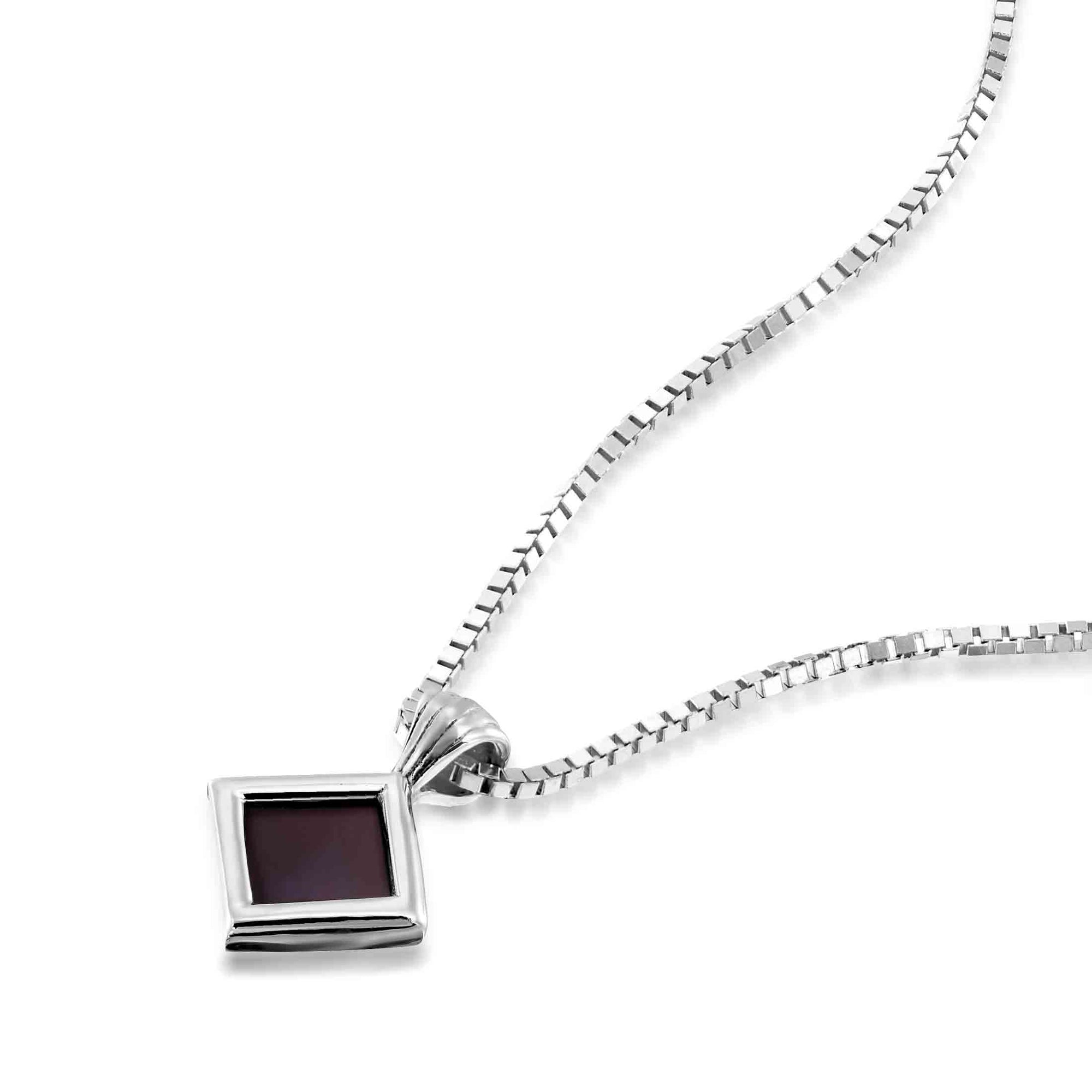 Silver square Nano Bible necklace featuring the full Hebrew Tanakh etched on a 5mm chip, suspended on an 18" box chain. Unique Jewish jewelry gift for her, symbolizing faith and tradition.