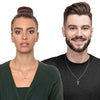Woman and man couple wearing matching Nano Bible Christian necklaces with cross pendant. Each necklace holds a tiny microchip with the entire KJV New Testament. Ideal Christian gift for him or her, symbolizing shared faith, love, and devotion. Crafted in Israel with sterling silver and gold options for both men and women.