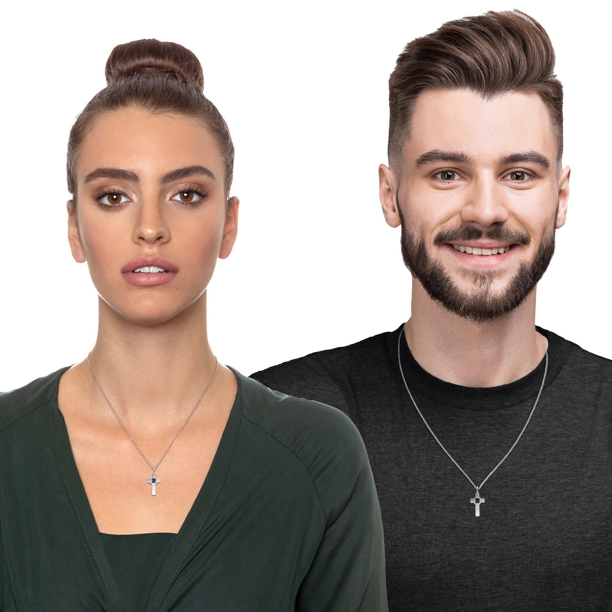 Woman and man couple wearing matching Nano Bible Christian necklaces with cross pendant. Each necklace holds a tiny microchip with the entire KJV New Testament. Ideal Christian gift for him or her, symbolizing shared faith, love, and devotion. Crafted in Israel with sterling silver and gold options for both men and women.