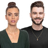 Model couple wearing matching Nano Bible Christian necklaces with cross pendant. Each necklace holds a tiny microchip with the entire KJV New Testament. Ideal Christian gift for him or her, symbolizing shared faith, love, and devotion. Crafted in Israel with sterling silver and gold options for both men and women. Perfect for spiritual couples.