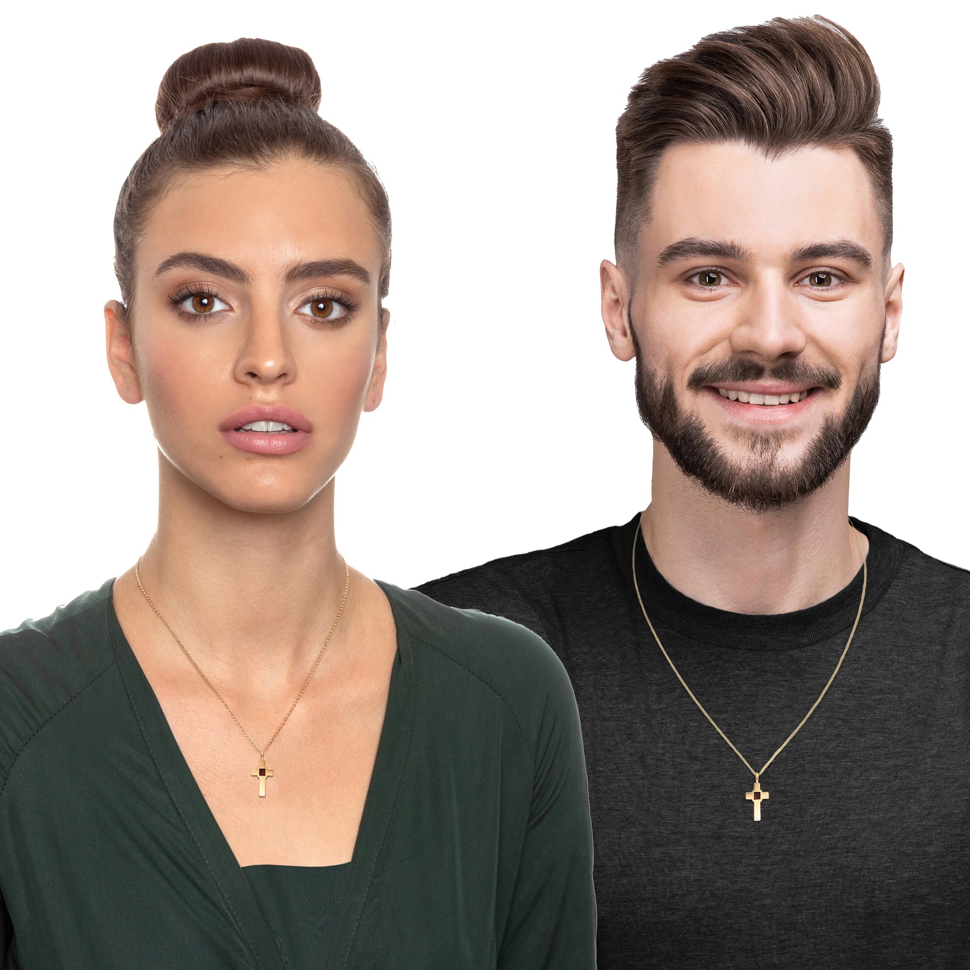 Model couple wearing matching Nano Bible Christian necklaces with cross pendant. Each necklace holds a tiny microchip with the entire KJV New Testament. Ideal Christian gift for him or her, symbolizing shared faith, love, and devotion. Crafted in Israel with sterling silver and gold options for both men and women. Perfect for spiritual couples.