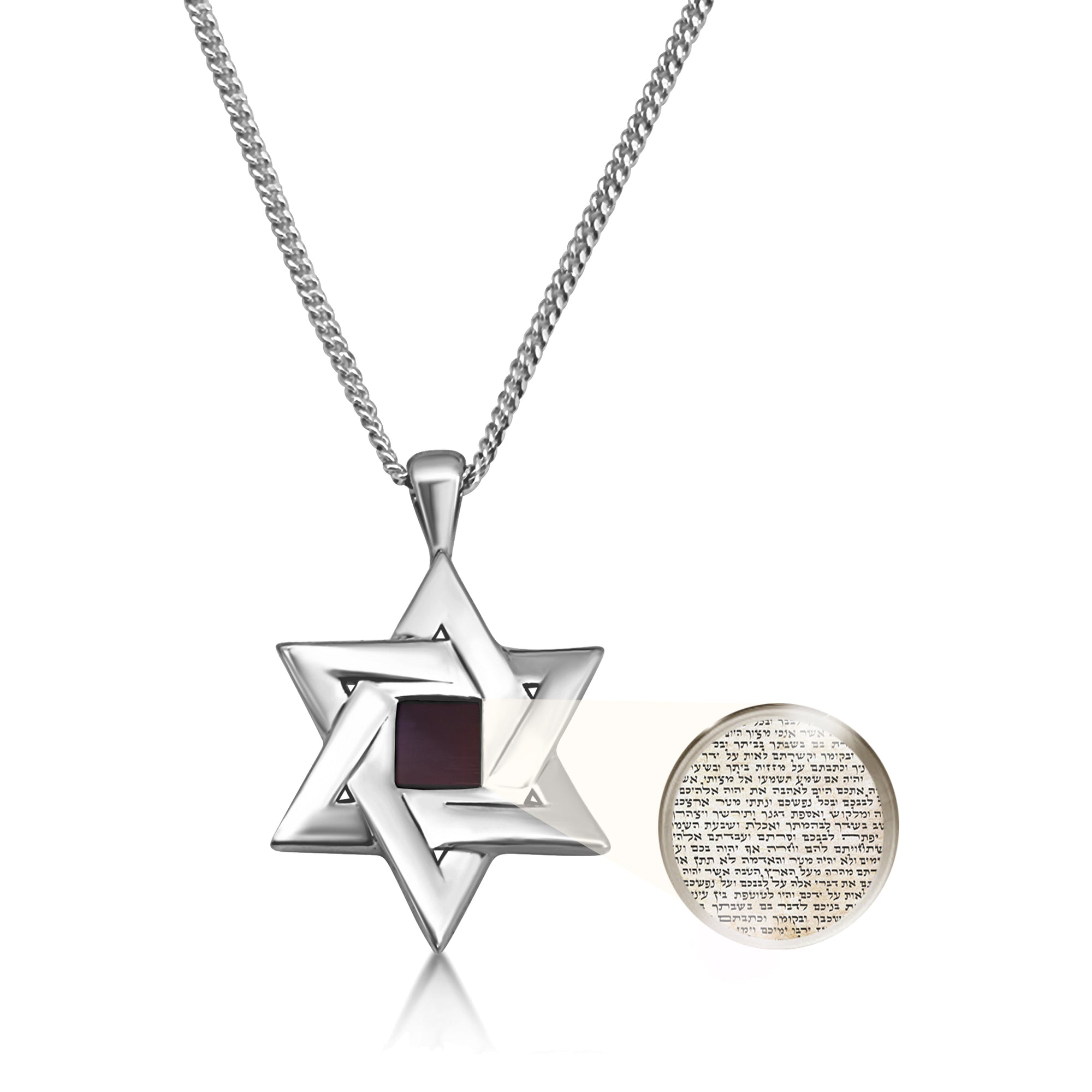 Elegant silver Star of David necklace featuring a nanochip embedded with the entire Hebrew Tanakh. The sacred scriptures are visible only through x1000 magnification, creating a meaningful fusion of tradition and innovation for Jewish celebrations and milestones.