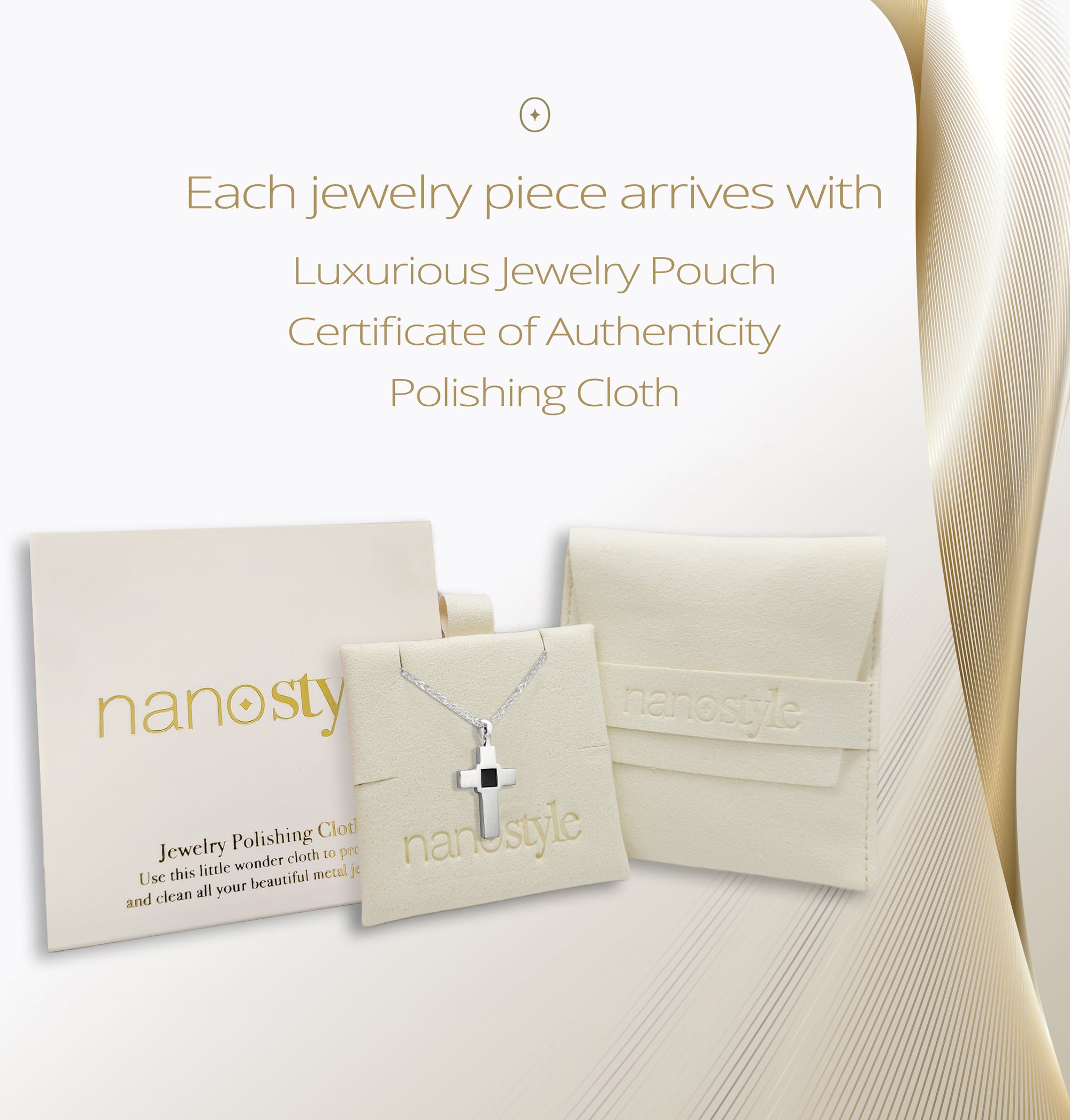 Christian necklace with KJV Bible microchip shown inside NanoStyle gift set. Includes luxury jewelry pouch, certificate of authenticity, and polishing cloth. Sterling silver cross pendant features nano inscription of the entire King James Version New Testament. Ideal Christian gift for her, symbol of faith and spirituality. Packaged for gifting.