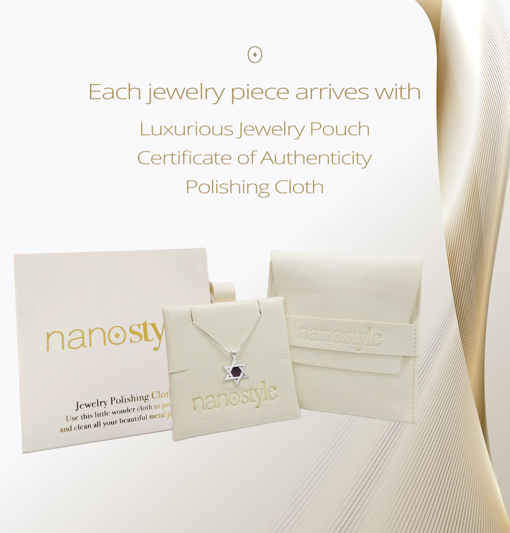 Packaging image of silver Star of David necklace with Tanakh chip, displayed alongside NanoStyle's jewelry pouch, Certificate of Authenticity, and polishing cloth. A ready-to-gift presentation perfect for spiritual milestones and Jewish holidays.