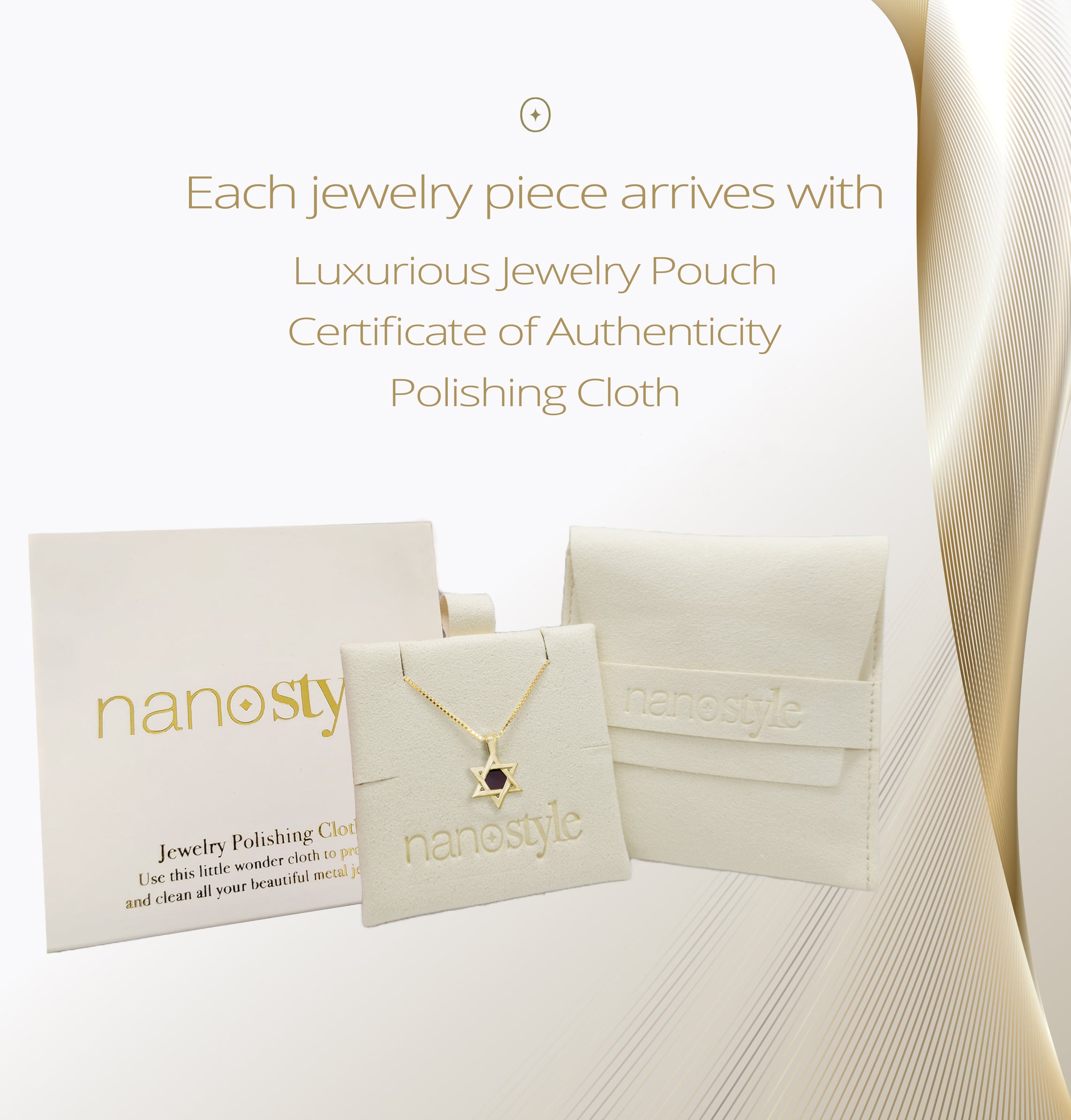 Gold Star of David necklace with Tanakh nanochip, shown with full gift presentation: luxurious NanoStyle pouch, Certificate of Authenticity, and polishing cloth. A meaningful and elegant Jewish gift for daughters, nieces, or granddaughters.