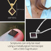 Nano Bible necklace in gold plated sterling silver with size display: 0.5" x 0.35". Features the full KJV New Testament on a microchip inside a rhombus pendant. Includes fingertip close-up of chip and model wearing it. Scriptures readable only with electron microscope. Unique Christian gift for her.