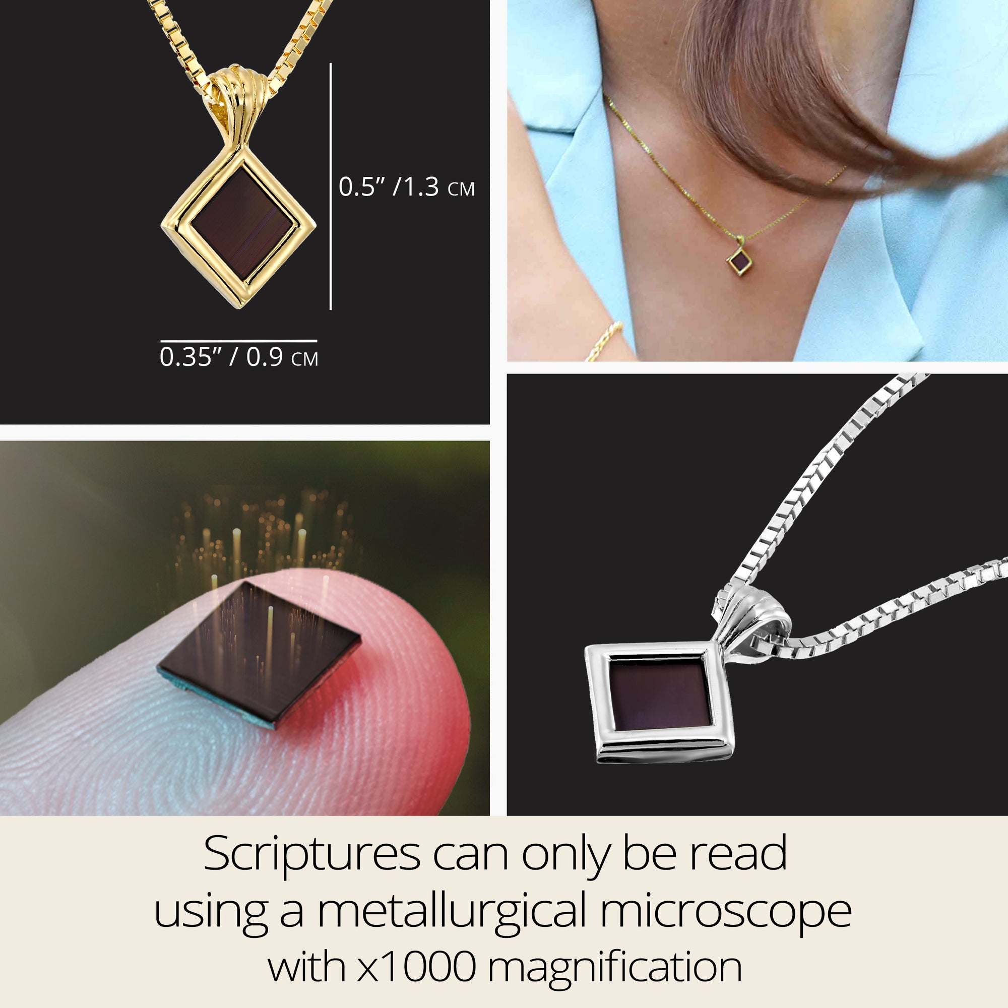 Nano Bible necklace in gold plated sterling silver with size display: 0.5" x 0.35". Features the full KJV New Testament on a microchip inside a rhombus pendant. Includes fingertip close-up of chip and model wearing it. Scriptures readable only with electron microscope. Unique Christian gift for her.