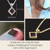 Nano Bible necklace in sterling silver with size display: 0.5" x 0.35". Features the full KJV New Testament on a microchip inside a rhombus pendant. Includes fingertip close-up of chip and model wearing it. Scriptures readable only with electron microscope. Unique Christian gift for her.