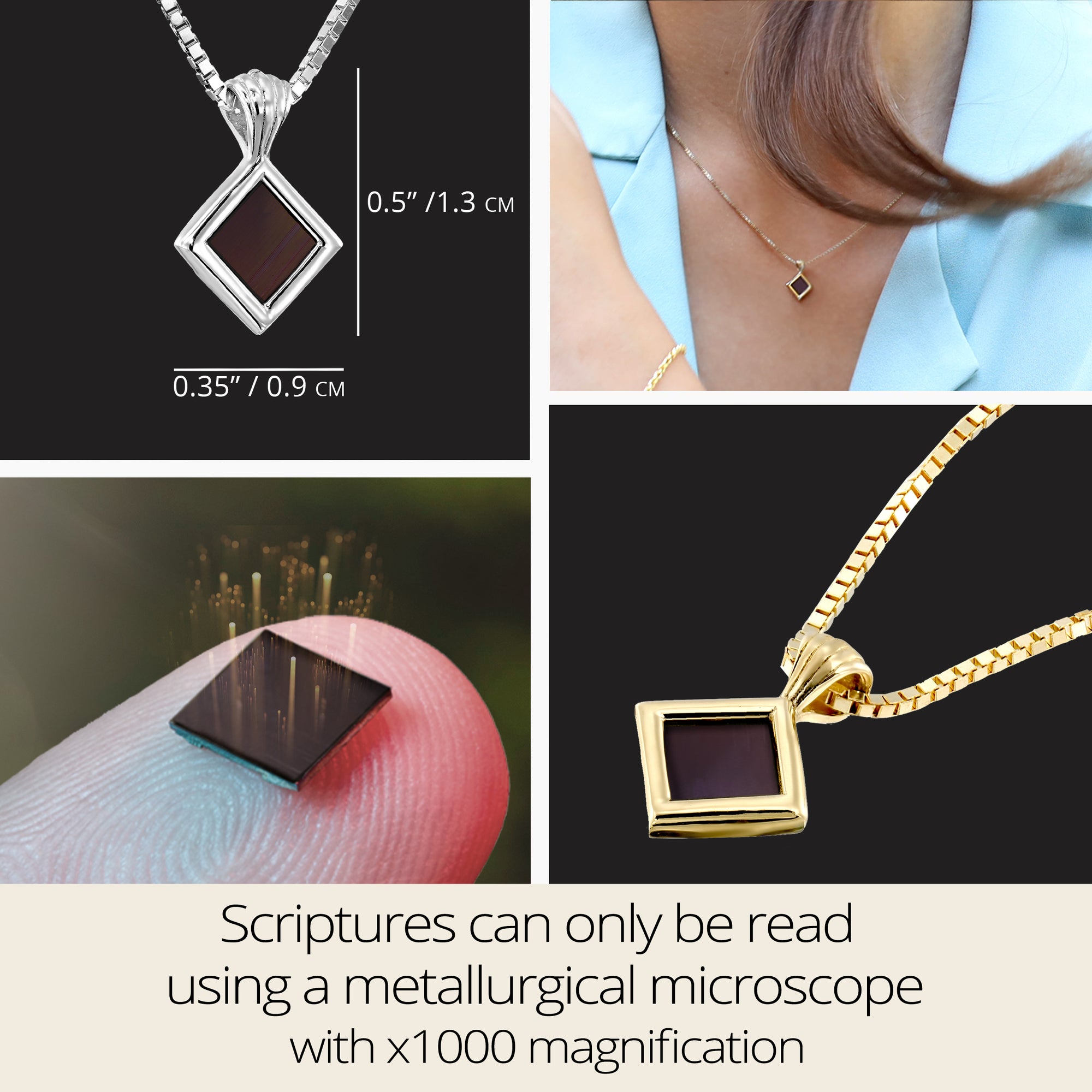 Nano Bible necklace in sterling silver with size display: 0.5" x 0.35". Features the full KJV New Testament on a microchip inside a rhombus pendant. Includes fingertip close-up of chip and model wearing it. Scriptures readable only with electron microscope. Unique Christian gift for her.