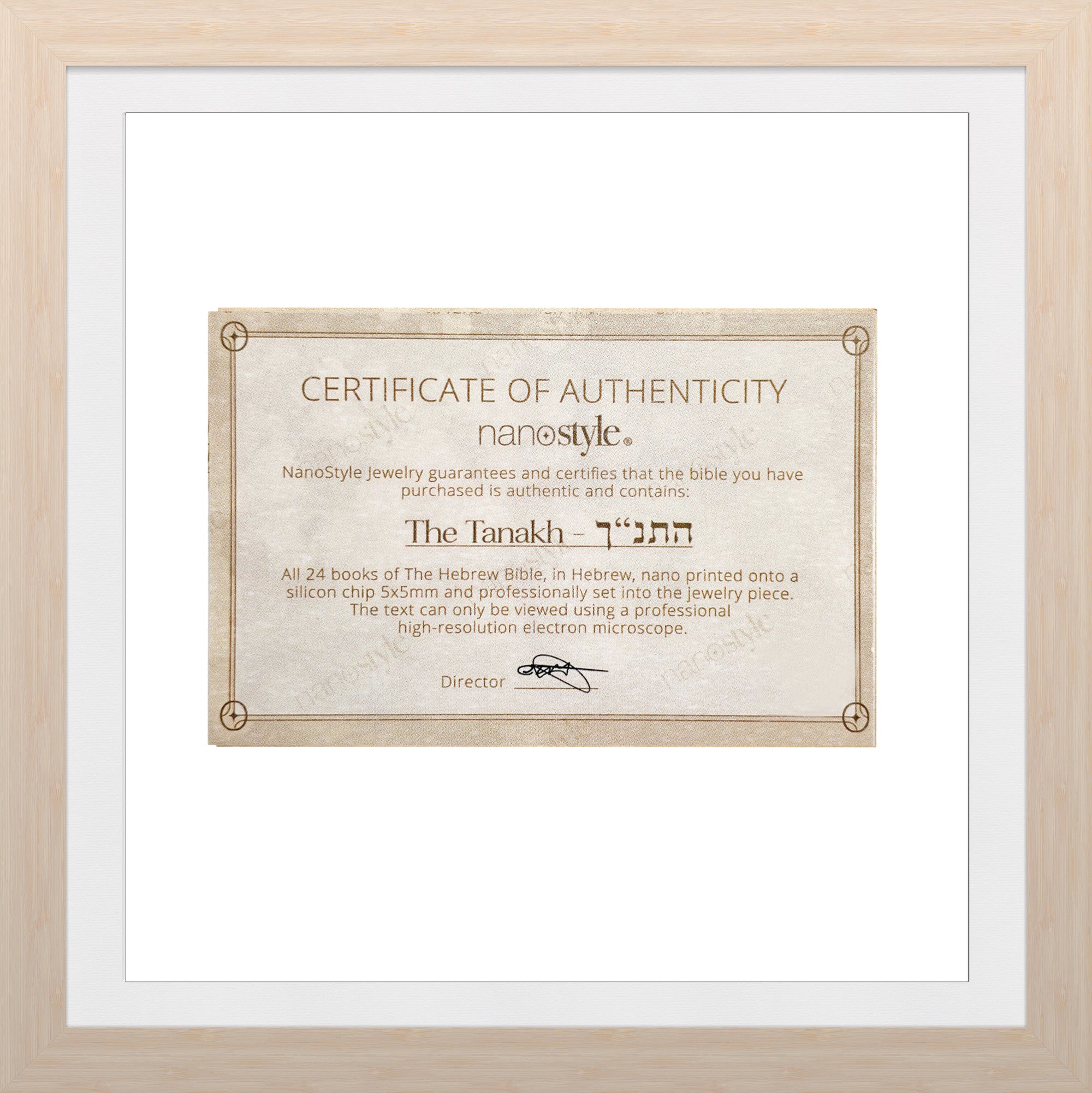 Certificate verifying the pendant contains the entire Hebrew Tanakh, nano-printed on a 5x5mm chip. Authenticity guaranteed by NanoStyle Jewelry.