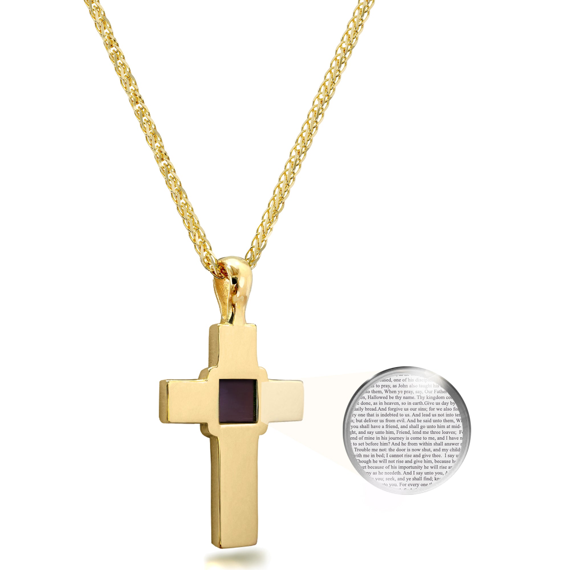 Gold-plated cross pendant necklace containing the entire KJV New Testament nano-engraved on a 5mm chip. Close-up shows engraved Bible text under high magnification. Christian jewelry with hidden scripture, ideal faith-based gift for men or women. Elegant design on box chain, crafted in Israel, a wearable symbol of devotion.