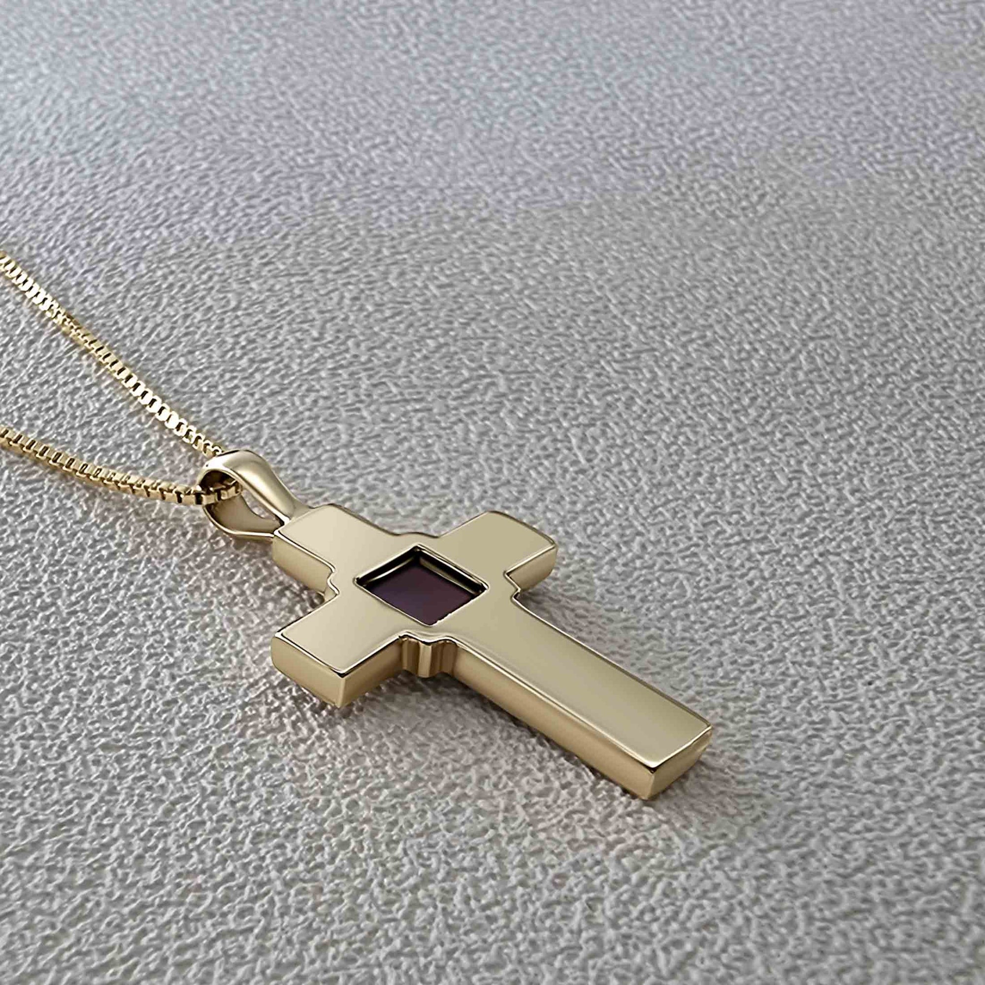 Side view of Nano Bible cross necklace in gold-plated sterling silver. Features a nano-printed chip embedded in the center holding the full King James Version New Testament. Religious Christian jewelry gift for believers seeking a meaningful accessory of faith. Ideal for anniversaries, baptisms, or everyday inspiration.