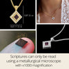 Gold and silver square pendant necklace featuring nano Bible chip with Hebrew Tanakh scriptures. Necklace measurements: 0.8"x0.6". Jewish spiritual gift for women. High-tech microchip on fingertip shown, crafted in Israel.