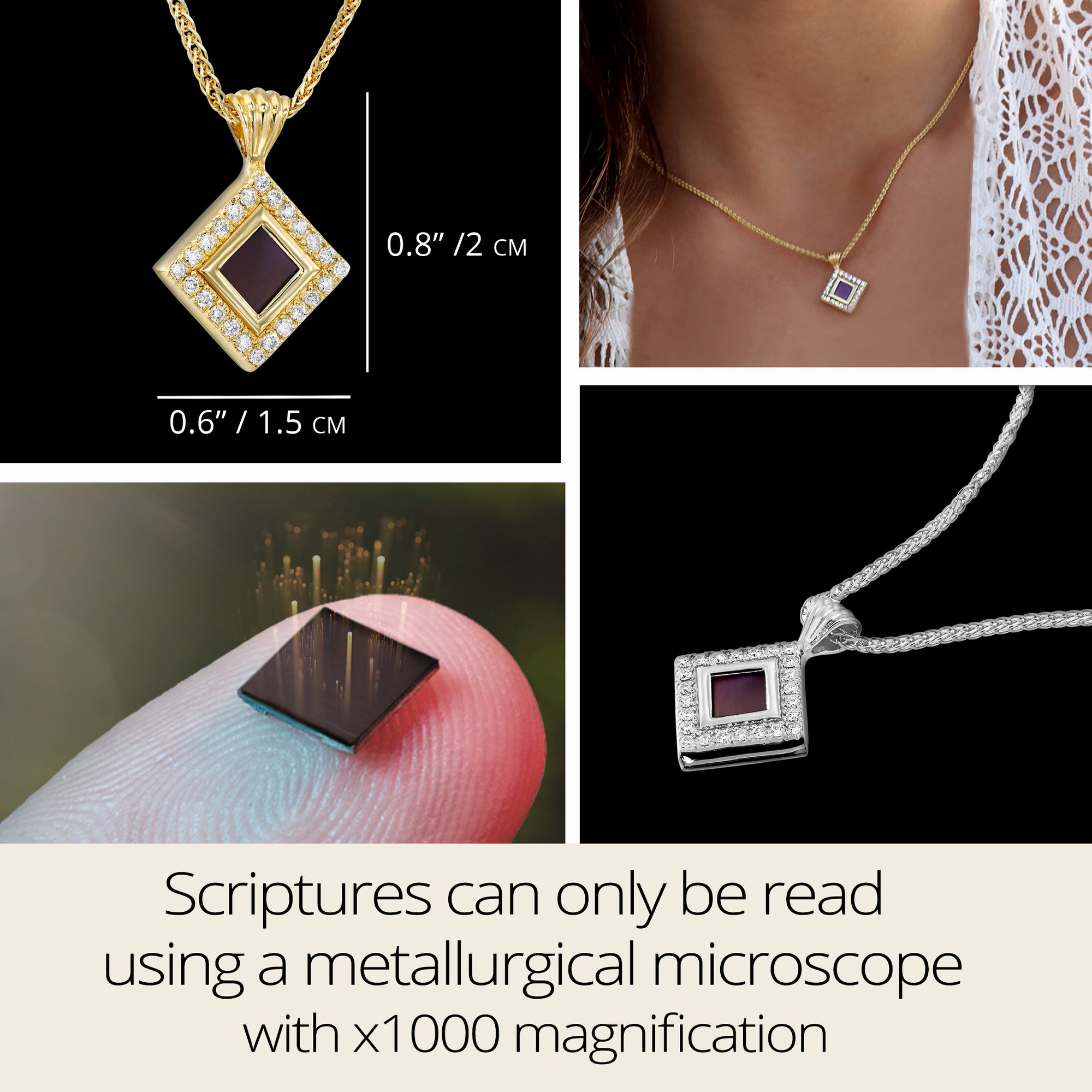 Gold and silver square pendant necklace featuring nano Bible chip with Hebrew Tanakh scriptures. Necklace measurements: 0.8"x0.6". Jewish spiritual gift for women. High-tech microchip on fingertip shown, crafted in Israel.