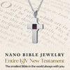 Sterling silver cross pendant necklace with microchip inscribed with entire KJV New Testament. Shown against blurred scripture background, representing the faith within. Nano Bible Christian jewelry gift for believers, men, women, or teens. Elegant, unisex cross design in high-quality metal. Handcrafted keepsake.