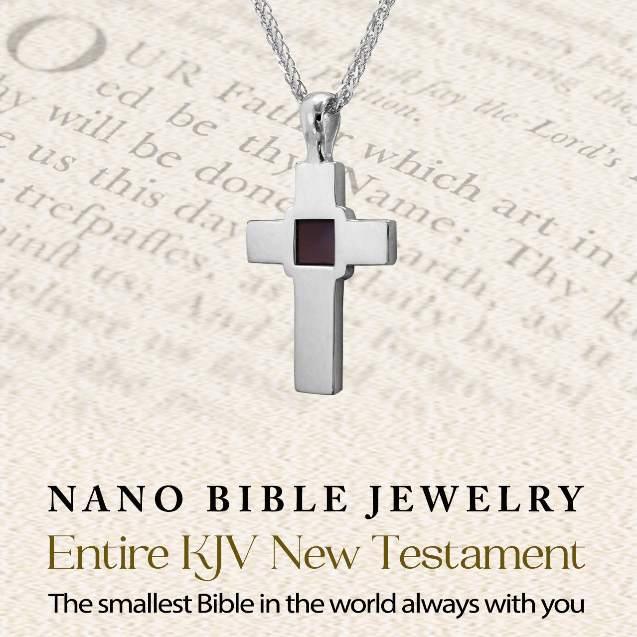 Sterling silver cross pendant necklace with microchip inscribed with entire KJV New Testament. Shown against blurred scripture background, representing the faith within. Nano Bible Christian jewelry gift for believers, men, women, or teens. Elegant, unisex cross design in high-quality metal. Handcrafted keepsake.