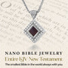 Nano Bible Christian Necklace in sterling silver with the complete KJV New Testament on a tiny microchip. Elegant square pendant accented with sparkling CZ stones. Background text highlights the Scripture embedded inside. A wearable symbol of faith, uniquely crafted as a Christian present for wife, mom, or girlfriend.