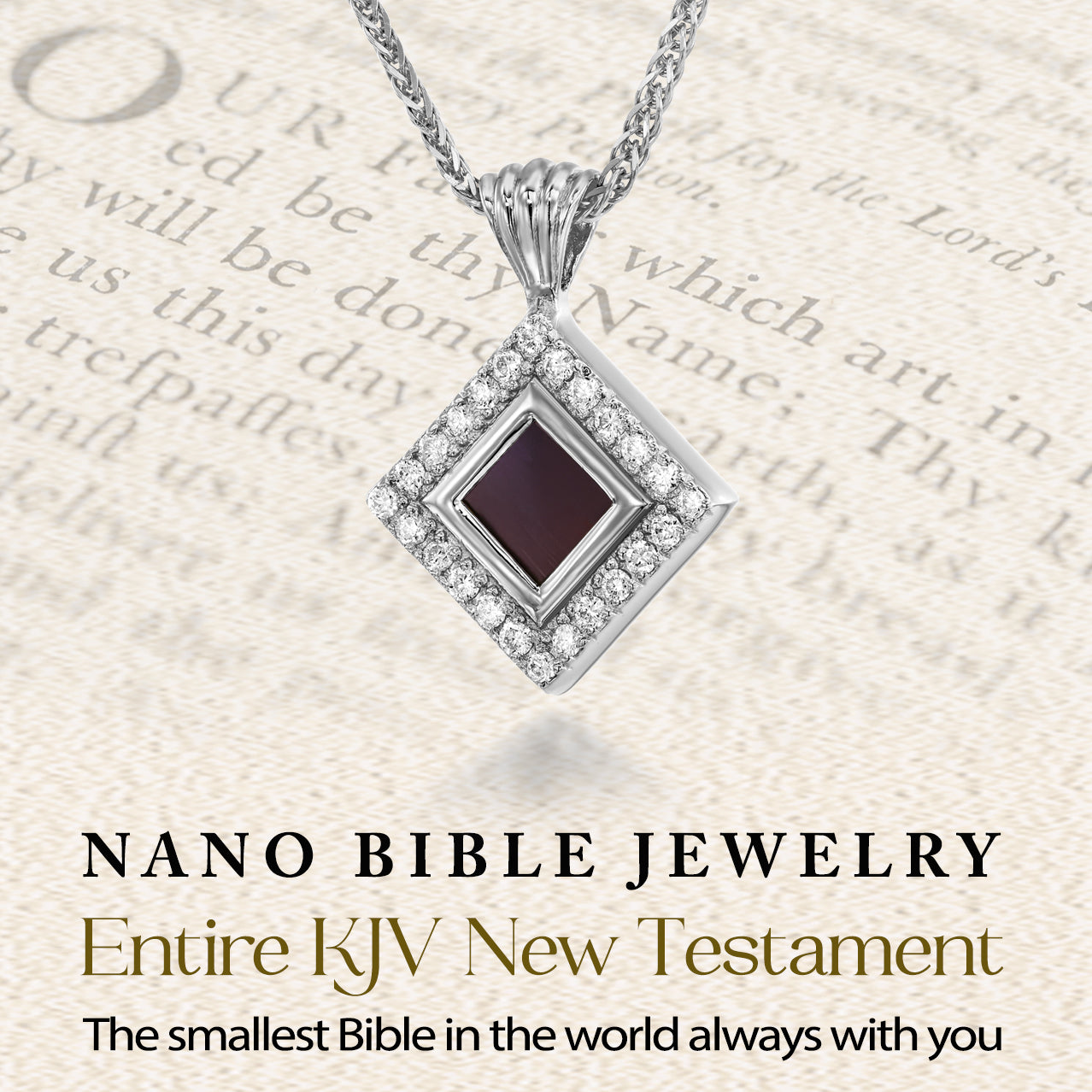 Nano Bible Christian Necklace in sterling silver with the complete KJV New Testament on a tiny microchip. Elegant square pendant accented with sparkling CZ stones. Background text highlights the Scripture embedded inside. A wearable symbol of faith, uniquely crafted as a Christian present for wife, mom, or girlfriend.