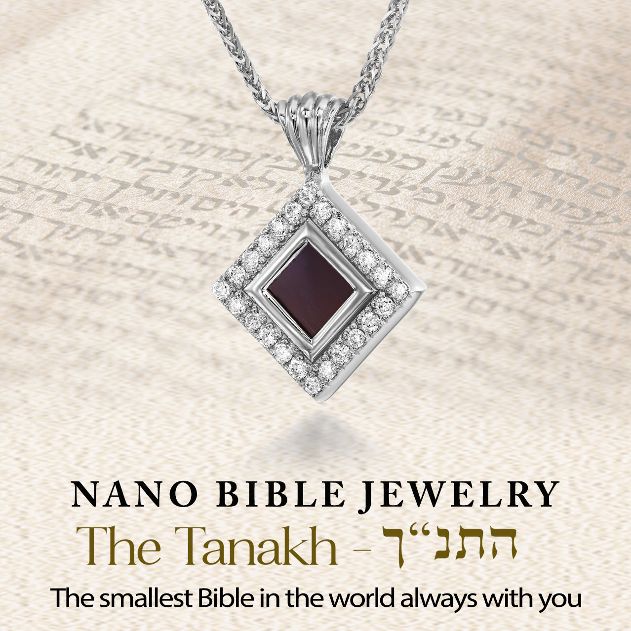 Sterling silver Tanakh necklace with microchip containing entire Hebrew scriptures. Surrounded by CZ stones, handmade in Israel. Inspirational gift for Jewish women, modern Judaica. NanoStyle nano Bible pendant.