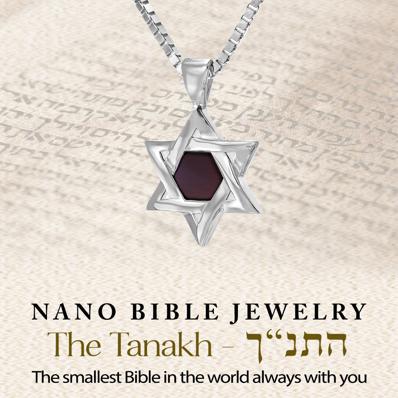 Close-up of sterling silver Star of David pendant necklace showcasing the Tanakh nanochip in center. The background features Hebrew script, reinforcing the spiritual depth and Judaic roots of this uniquely crafted Jewish necklace.