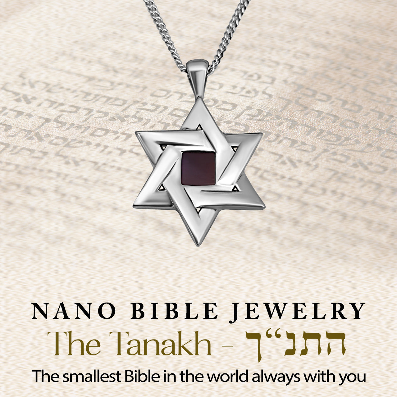 Silver Sacred Fusion Star of David pendant displayed on a scripture-themed background, featuring the Hebrew Tanakh on a micro-sized chip. Timeless Jewish jewelry gift for religious milestones and spiritual expression.