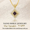 Gold-plated Judaic necklace with CZ square pendant holding the full Hebrew Tanakh on a 5mm nanochip. NanoStyle Bible jewelry gift for Jewish women, spiritual necklace, meaningful Israeli gift.