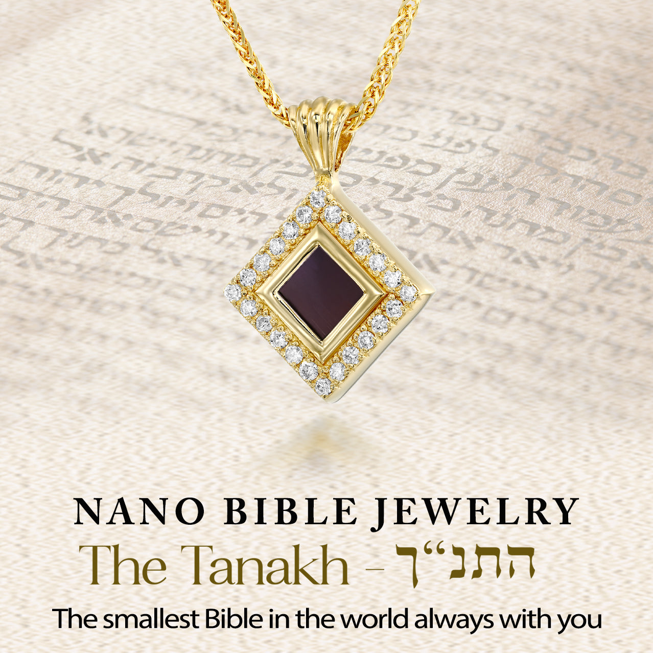 Gold-plated Judaic necklace with CZ square pendant holding the full Hebrew Tanakh on a 5mm nanochip. NanoStyle Bible jewelry gift for Jewish women, spiritual necklace, meaningful Israeli gift.