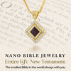 Gold Nano Bible necklace for women with elegant square pendant holding entire KJV New Testament on a nano-inscribed chip. Surrounded by cubic zirconia and suspended on a gold-plated chain. A Christian keepsake designed to inspire and honor faith—perfect gift for wife or believer on special occasions.