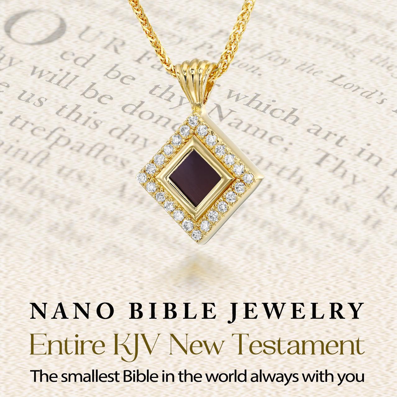 Gold Nano Bible necklace for women with elegant square pendant holding entire KJV New Testament on a nano-inscribed chip. Surrounded by cubic zirconia and suspended on a gold-plated chain. A Christian keepsake designed to inspire and honor faith—perfect gift for wife or believer on special occasions.