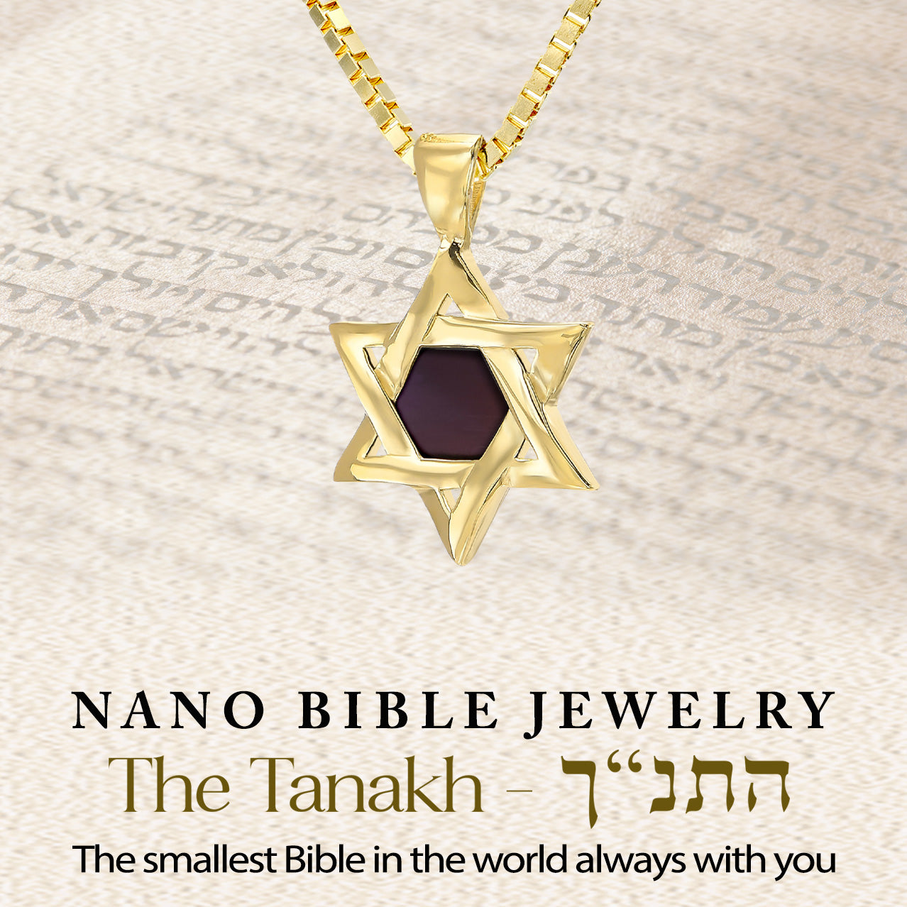 Gold-plated Star of David necklace shown over Hebrew scripture background. Nano-inscribed with the entire Tanakh on a 5mm chip, this meaningful Jewish gift captures spiritual legacy in a modern format, ideal for any religious milestone.