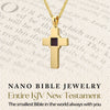 Gold-plated Christian cross necklace with entire KJV New Testament nano-inscribed on microchip. Displayed over Bible verses in background. Jewelry meets spirituality in a meaningful gift for her or him. Handcrafted religious necklace designed in Israel for believers who want to carry their faith always.