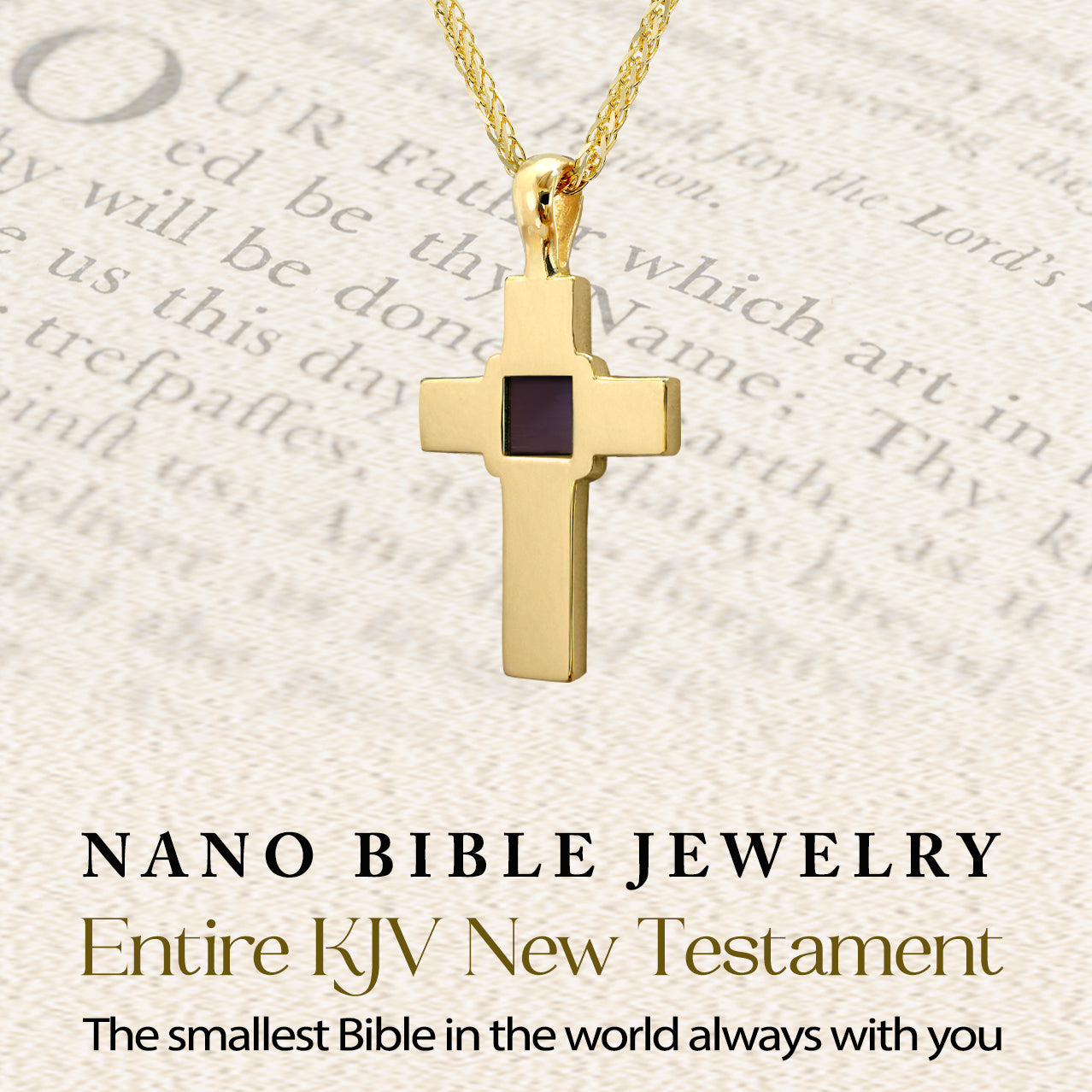 Gold-plated Christian cross necklace with entire KJV New Testament nano-inscribed on microchip. Displayed over Bible verses in background. Jewelry meets spirituality in a meaningful gift for her or him. Handcrafted religious necklace designed in Israel for believers who want to carry their faith always.