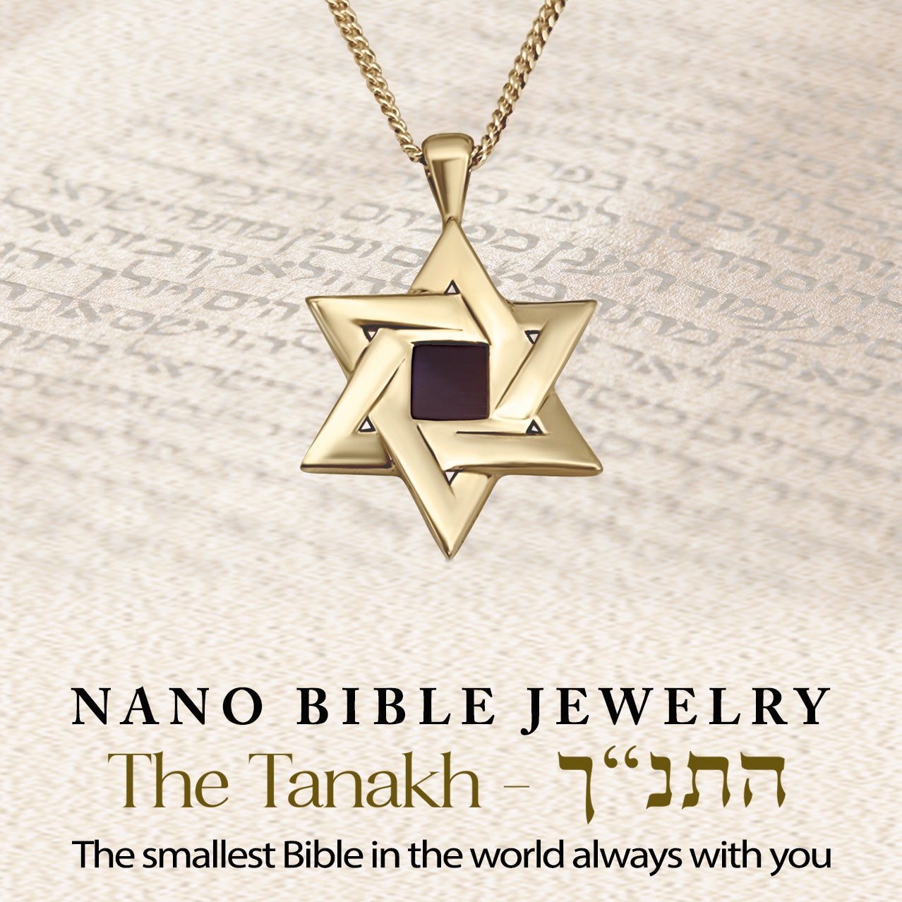 Gold Sacred Fusion Star of David necklace showcased over a Hebrew scripture background. Features nano-inscribed entire Tanakh on a 5mm chip. Nano Bible Jewelry offers a constant connection to spiritual heritage in a timeless design.