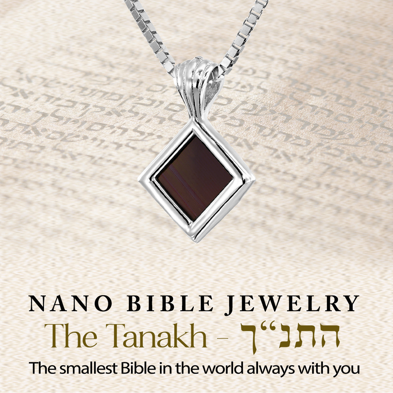 Silver Infinite Charm Nano Bible necklace laid over Hebrew scripture background. Features nano-printed full Tanakh. Unique spiritual and cultural gift for Jewish women.