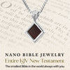 Close-up of silver Nano Bible pendant with text overlay showing “Nano Bible Jewelry – Entire KJV New Testament.” Elegant rhombus charm on box chain. Contains full Scripture on microchip readable only under x1000 magnification. Powerful Christian necklace for women seeking daily inspiration.