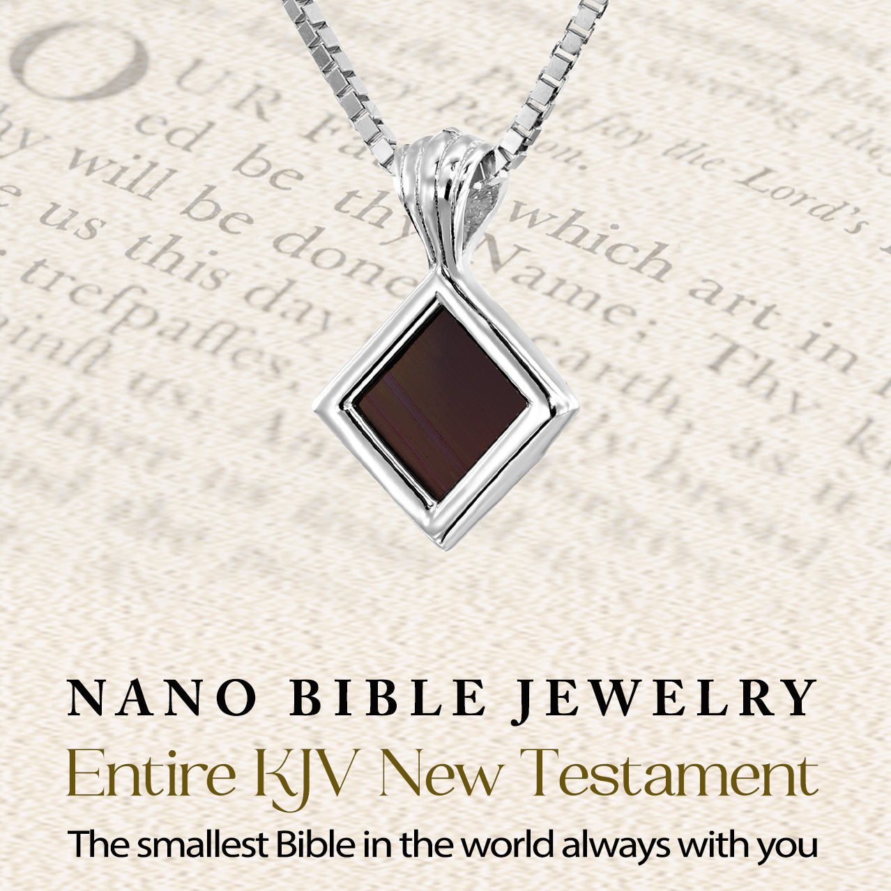 Close-up of silver Nano Bible pendant with text overlay showing “Nano Bible Jewelry – Entire KJV New Testament.” Elegant rhombus charm on box chain. Contains full Scripture on microchip readable only under x1000 magnification. Powerful Christian necklace for women seeking daily inspiration.