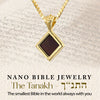 Gold-plated Nano Bible necklace overlaying Hebrew Bible text. The pendant carries entire Tanakh on microchip. Spiritual jewelry gift for mom, wife, or Bat Mitzvah.