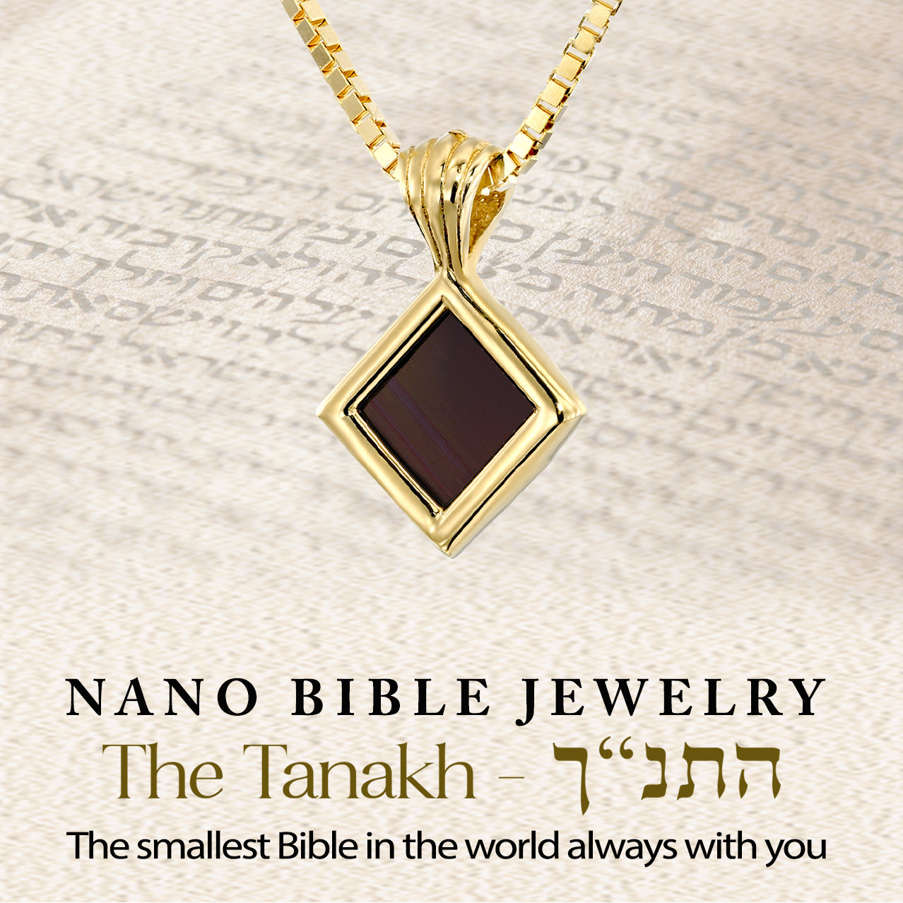 Gold-plated Nano Bible necklace overlaying Hebrew Bible text. The pendant carries entire Tanakh on microchip. Spiritual jewelry gift for mom, wife, or Bat Mitzvah.