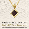 Gold-plated Nano Bible necklace with modern rhombus pendant and the entire KJV New Testament inscribed on a nanochip. Displayed against a Bible background. A sacred Christian jewelry piece and sentimental gift for a woman of faith—perfect for family members or loved ones.