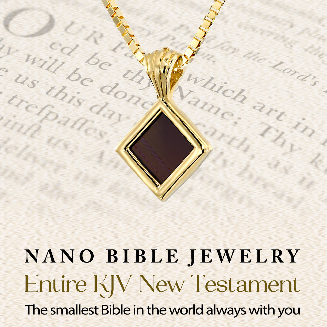 Gold-plated Nano Bible necklace with modern rhombus pendant and the entire KJV New Testament inscribed on a nanochip. Displayed against a Bible background. A sacred Christian jewelry piece and sentimental gift for a woman of faith—perfect for family members or loved ones.