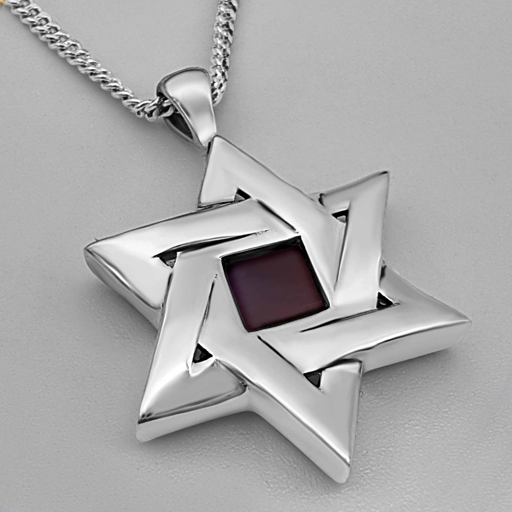 Silver Star of David necklace with magnified insert showing Hebrew text nano-inscribed on the chip. Elegant, spiritual, and perfect for commemorating Jewish identity and milestones in life.