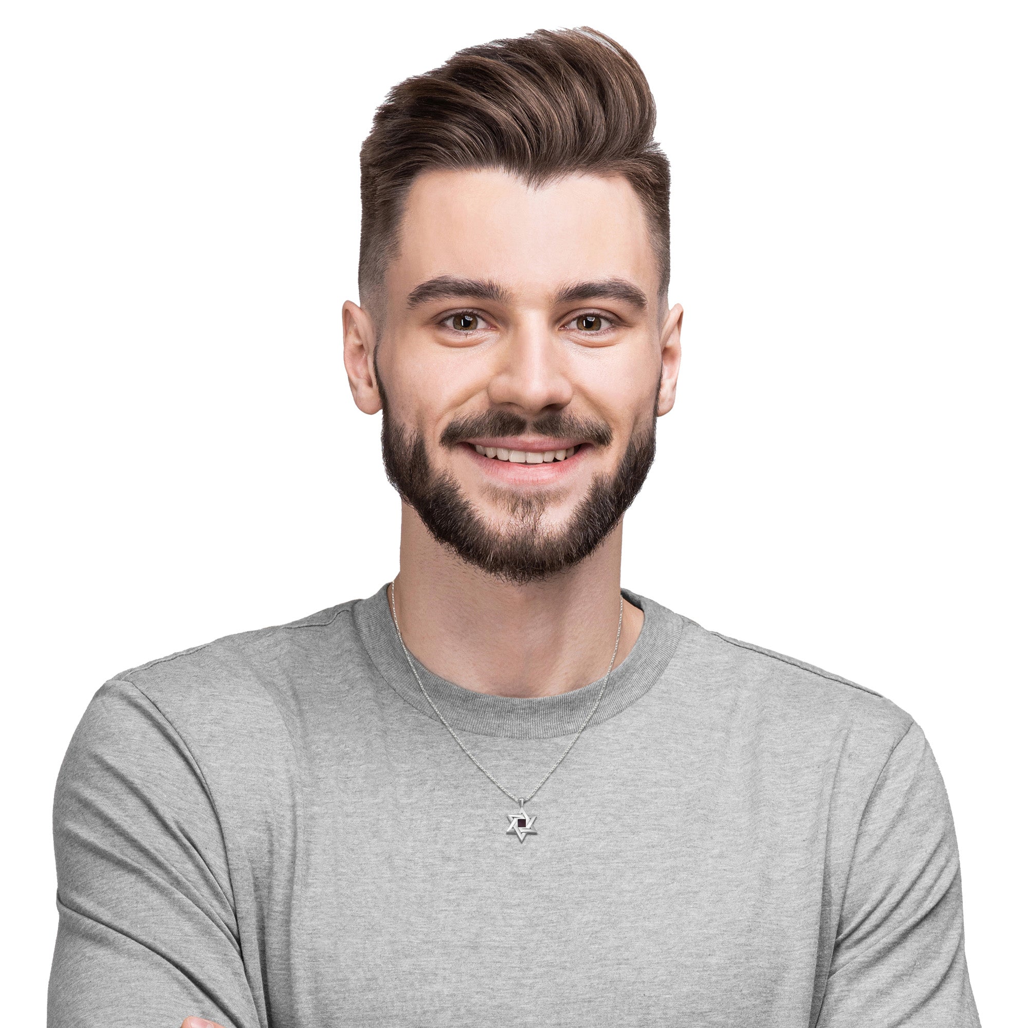 Male model wearing the Sacred Fusion Star of David necklace in silver. The pendant holds a microscopic chip inscribed with the complete Hebrew Tanakh. A modern yet meaningful Jewish jewelry piece for men of faith.