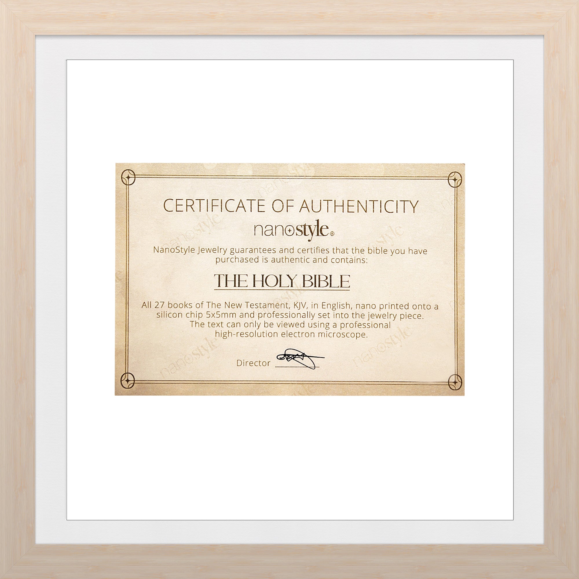 Certificate of Authenticity for Nano Bible Christian Necklace with KJV New Testament—verifies nano inscription of all 27 New Testament books on a 5x5mm microchip professionally set in pendant. This genuine religious gift from NanoStyle is a powerful expression of faith, combining spiritual depth and precision technology in a keepsake cross necklace for Christian men and women.