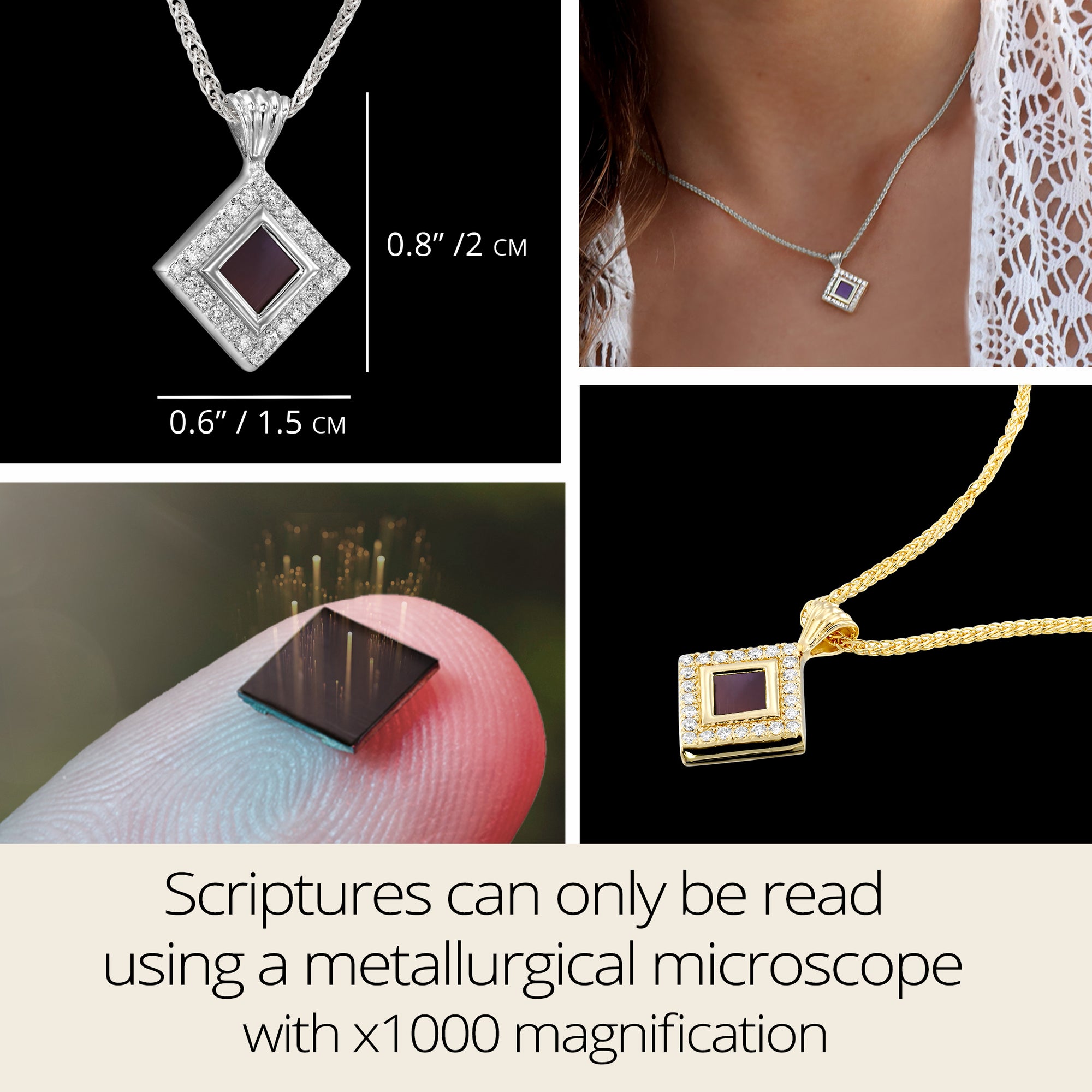 Infographic showing size, on-model view, and nanochip technology of square Judaic necklace with Hebrew Tanakh. Micro Bible jewelry with x1000 magnification required. Jewish religious necklace gift for mother, sister, wife.
