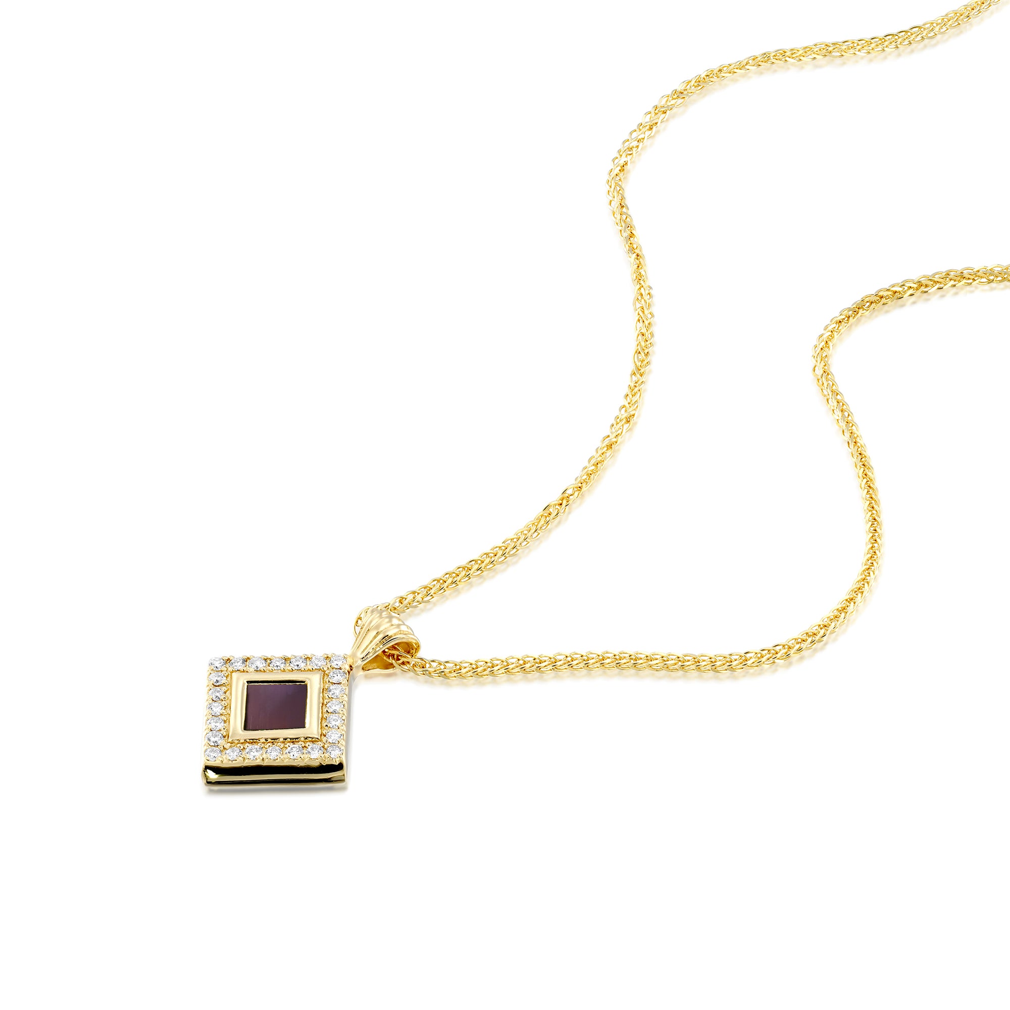 Gold-plated Jewish necklace with square CZ pendant and nano Bible chip inside. Handmade in Israel. Elegant gift for women of faith. Full Hebrew scriptures encoded on microchip. Judaic fashion jewelry.